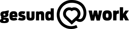 Logo avec le texte « gesund @ work » et un cœur stylisé dans le symbole « @ ». Le design est en noir et blanc.