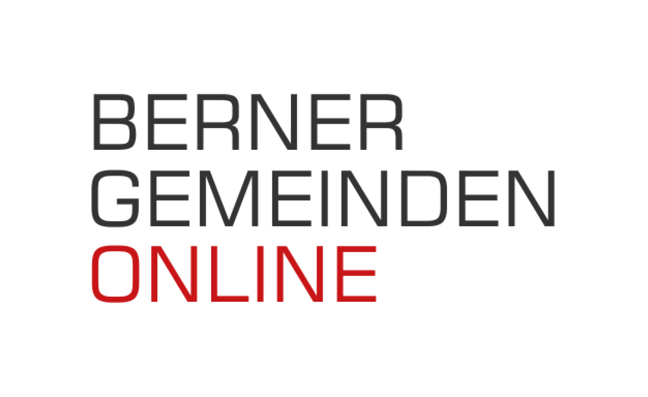 Berner Gemeinden Logo: Ein Textlogo mit dem Schriftzug „Berner Gemeinden Online“. Die ersten beiden Wörter sind schwarz, „ONLINE“ rot, alles auf weissem Hintergrund.