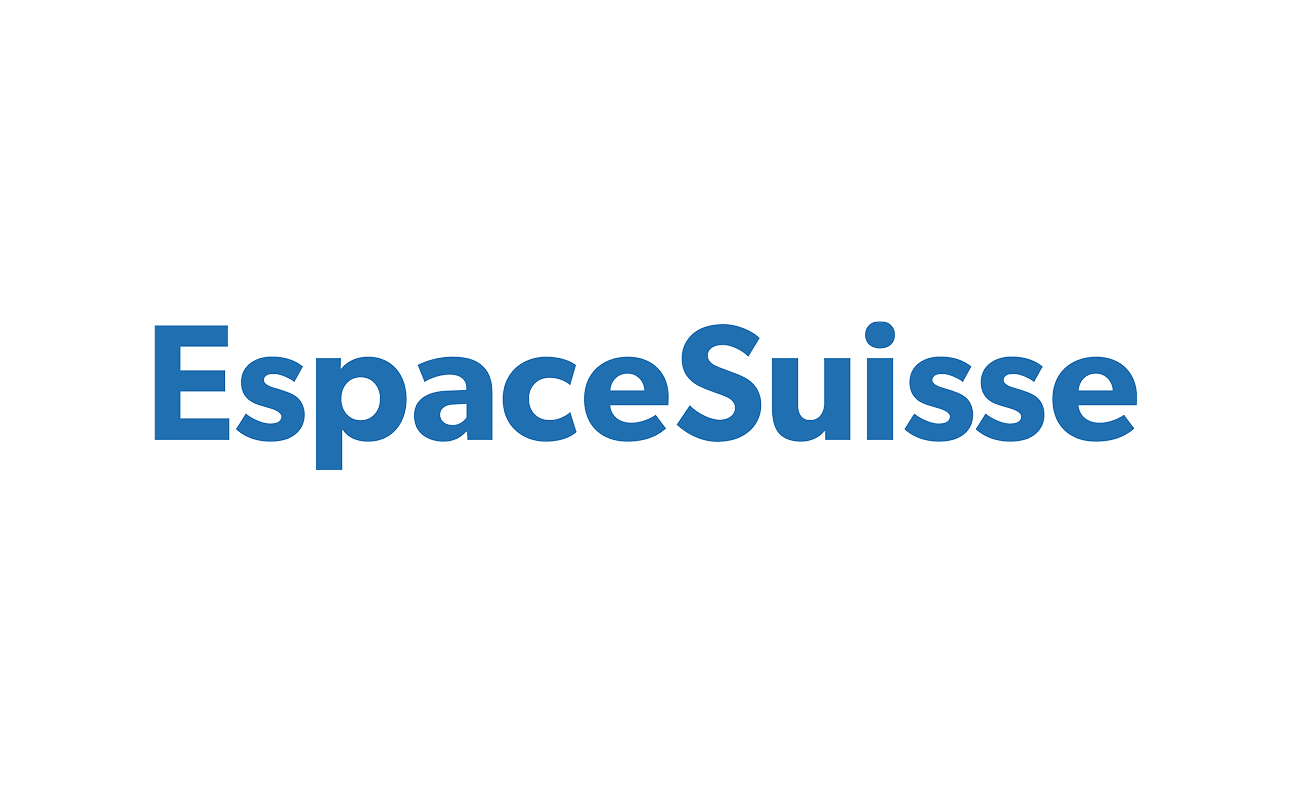 Espace Suisse Logo: Blauer Text auf weissem Hintergrund mit der Aufschrift „EspaceSuisse“ in fetter Schrift.