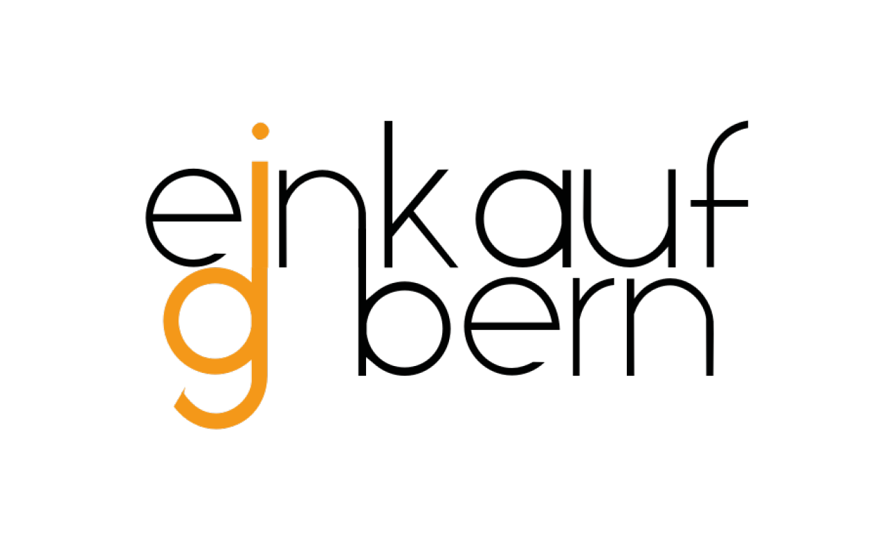 ig einkauf bern Logo: Ein Textlogo mit den Worten „einkauf bern“ in schwarzen Kleinbuchstaben. Die Buchstaben „g“ und „i“ ist orange stilisiert und erzeugt ein schlichtes und modernes Design auf weissem Hintergrund.