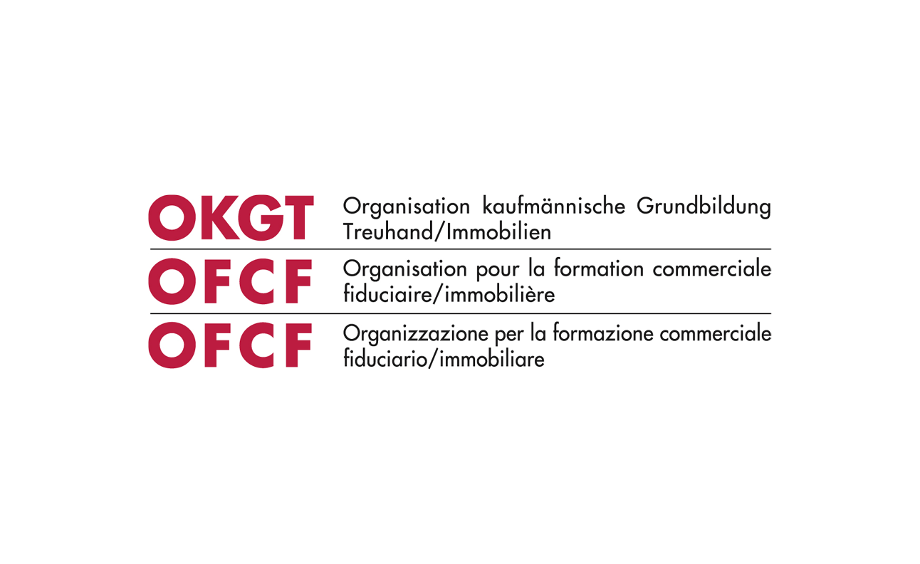 OKGT Logo: Ein Logo mit dem Text: „OKGT“ in Rot und darunter zwei Zeilen schwarzem Text in Deutsch, Französisch und Italienisch zum Thema kaufmännische Ausbildung und Immobilien-/Treuhanddienstleistungen.